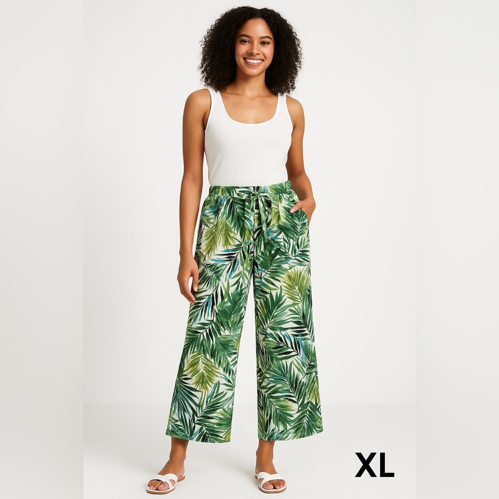 Soho Apparel Tropical Crinkle‎ Pleated Wide Leg Pants XL Beachy Vacation Resort